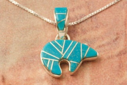 Calvin Begay Genuine Kingman Turquoise Sterling Silver Reversible Bear Pendant